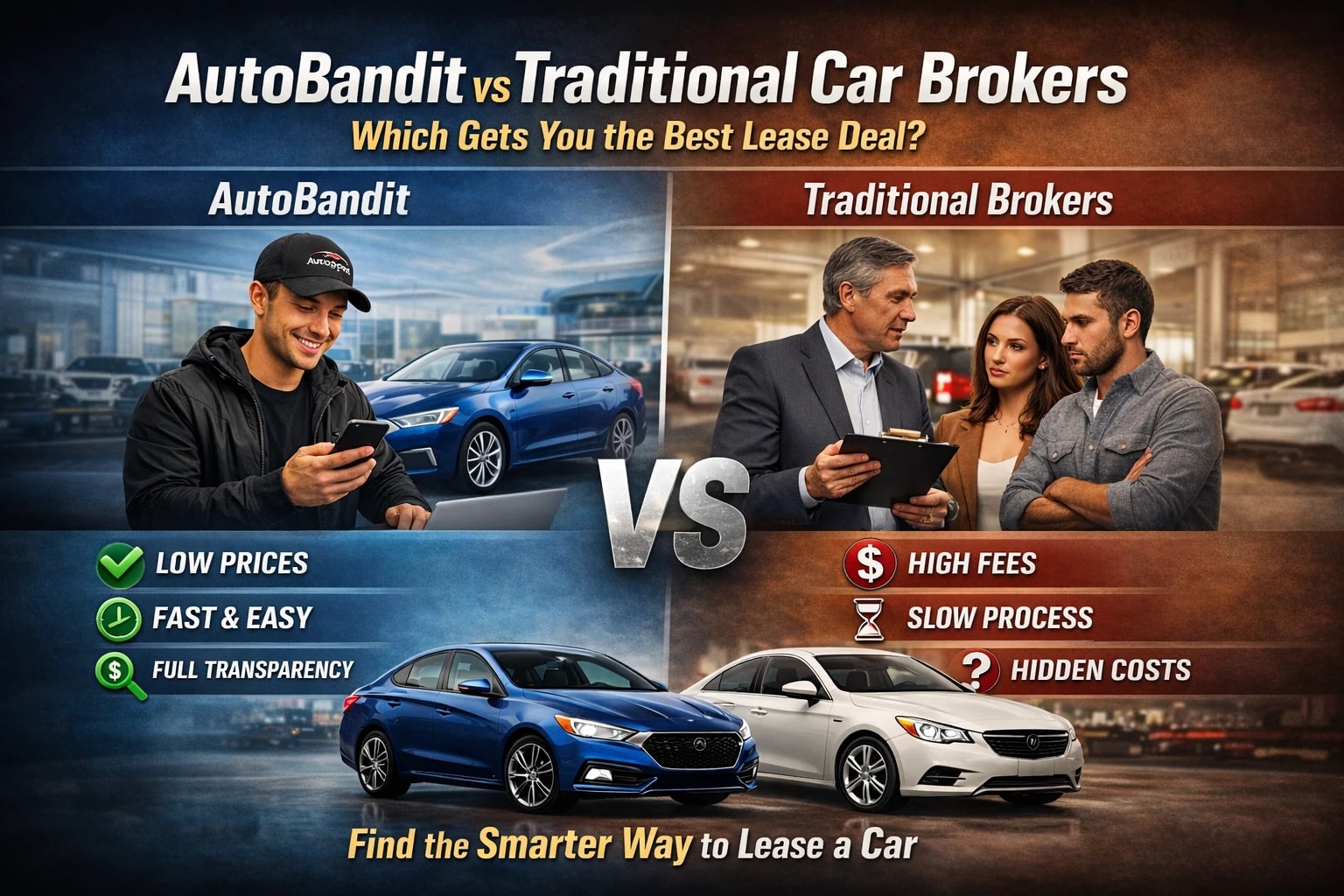 Side-by-side comparison of AutoBandit and traditional car brokers highlighting lower prices, faster process, and transparent leasing versus high fees and hidden costs