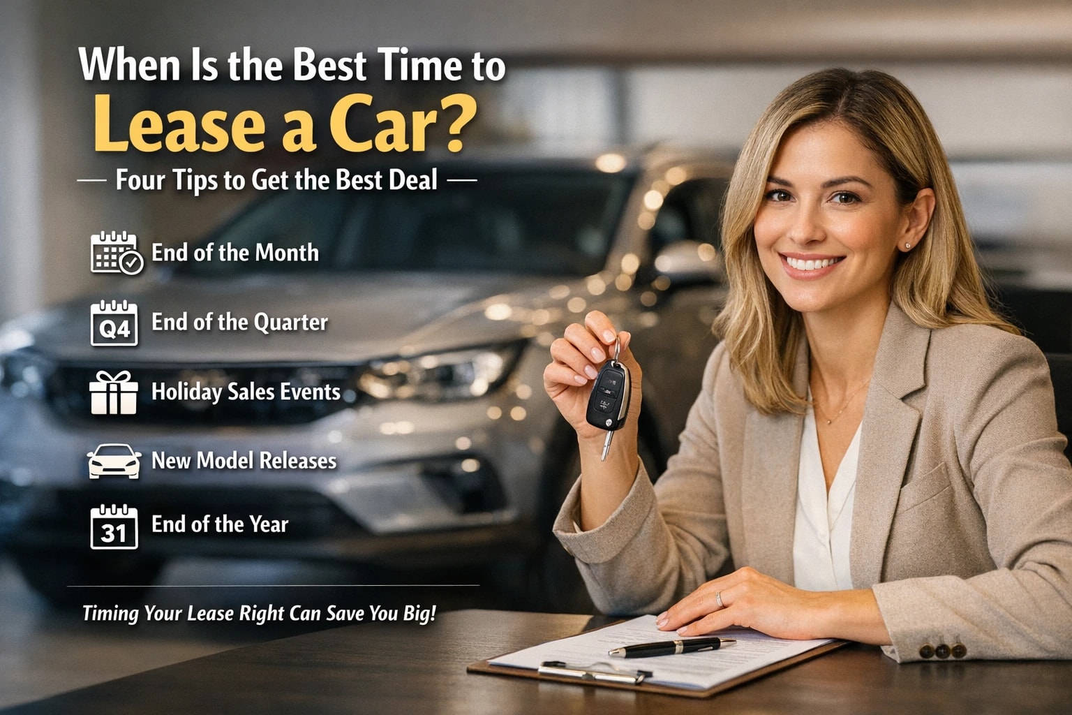 Professional woman holding car keys in a dealership showroom with a list of best times to lease a car, including end of month, quarter, holidays, new model releases, and year-end deals.