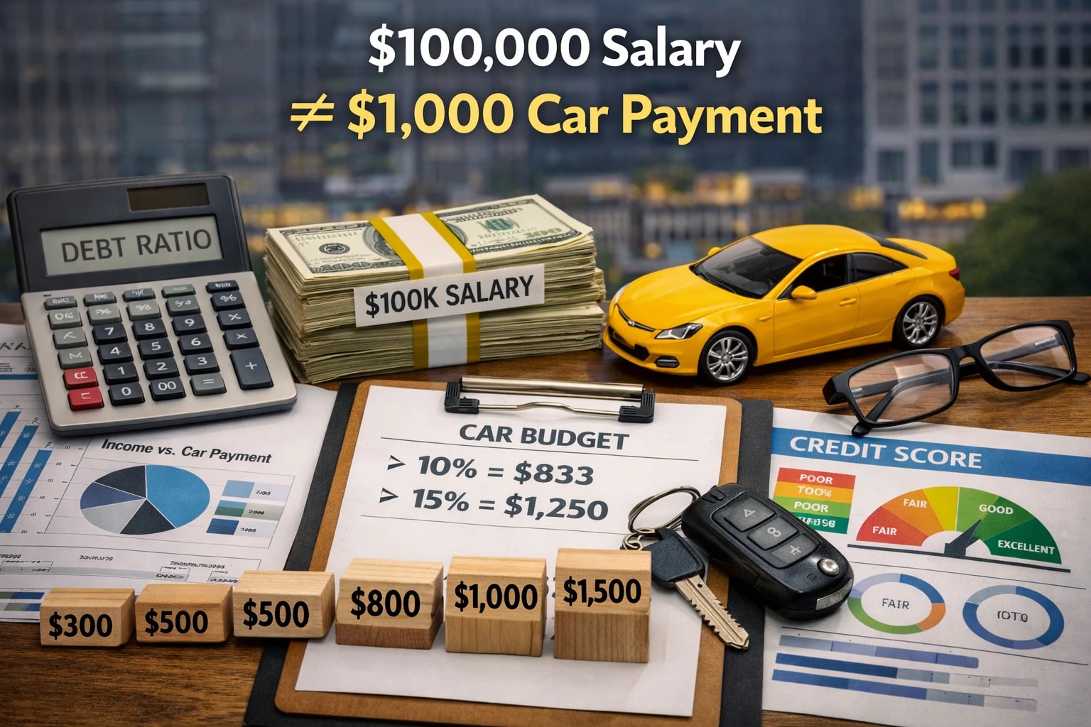 Car affordability by income example showing why a $100,000 salary doesn’t equal a $1,000 car payment, with 10%–15% car payment rule, budget calculator, and credit score factors.