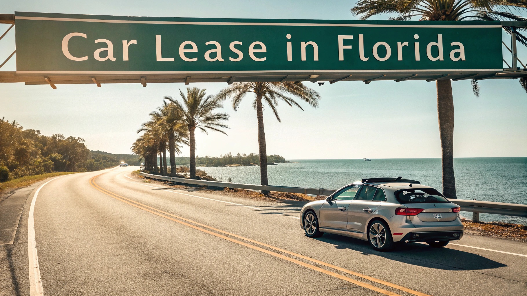 Silver car moving Florida road with palm trees in the background