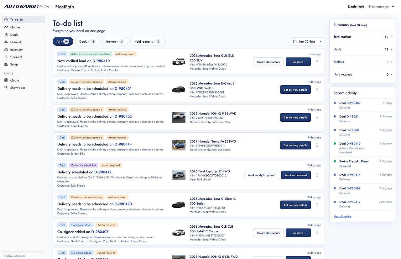 FleetPath to-do list showing requests, deliveries, co-signers and new deals as action cards
